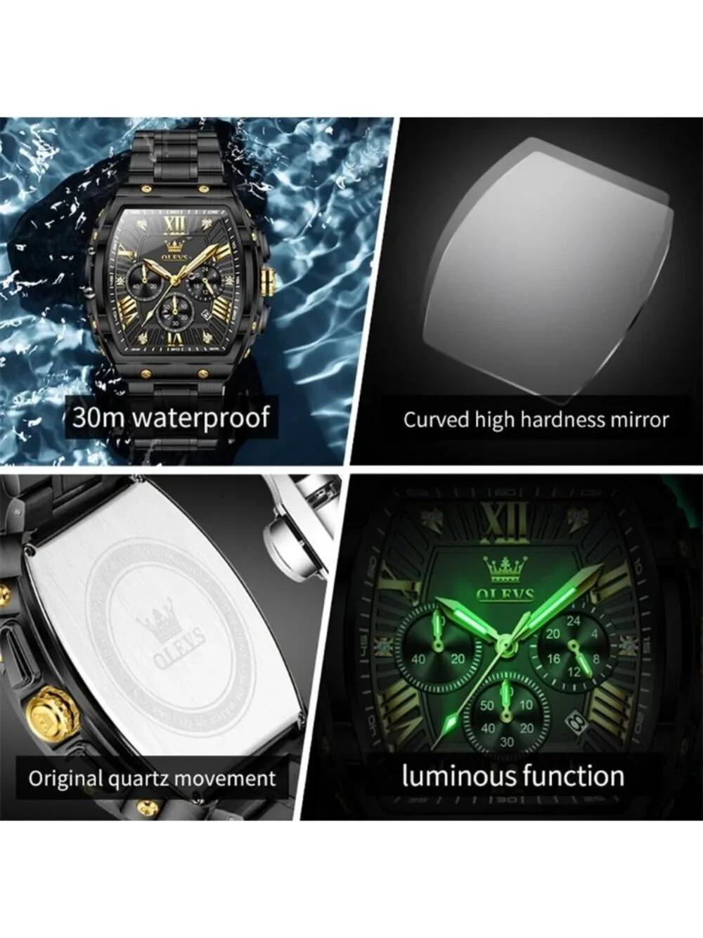 Men's All Black Chronograph Rectangle Stainless Steel Luminous Classic Watch